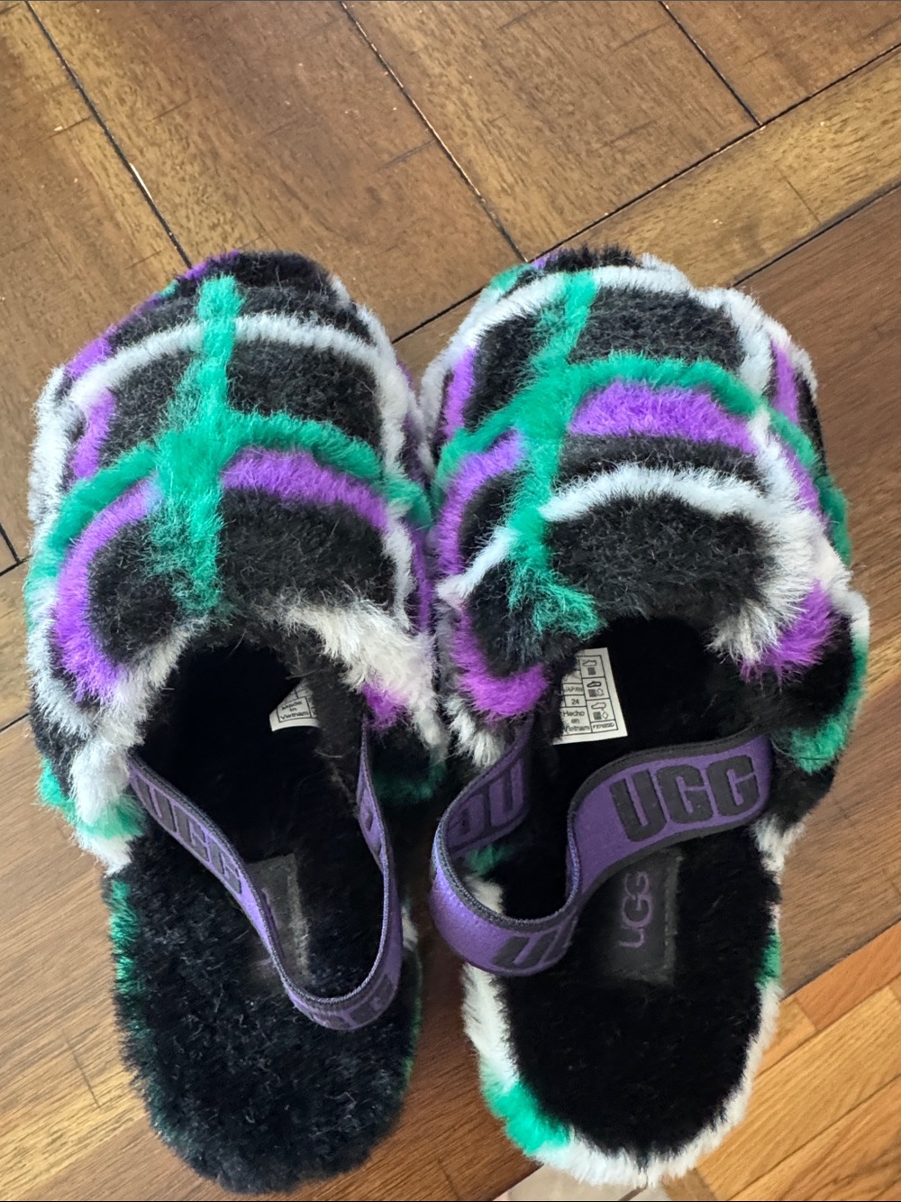 UGG Women’sMulticolor Fuzzy Slippers in Black, Purple & Teal